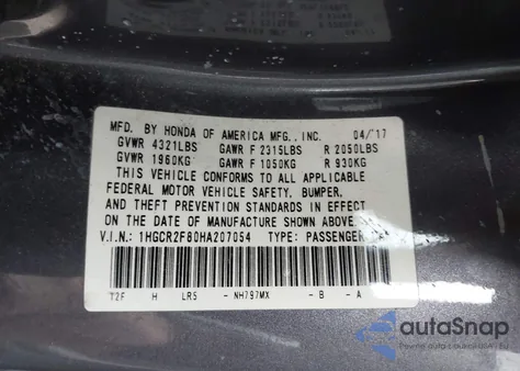 2017 Honda Accord Ex-L z USA, uszkodzony, nr VIN 1HGCR2F80HA207054